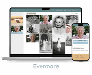 Memorial photo sharing platform displayed on laptop and smartphone screens.