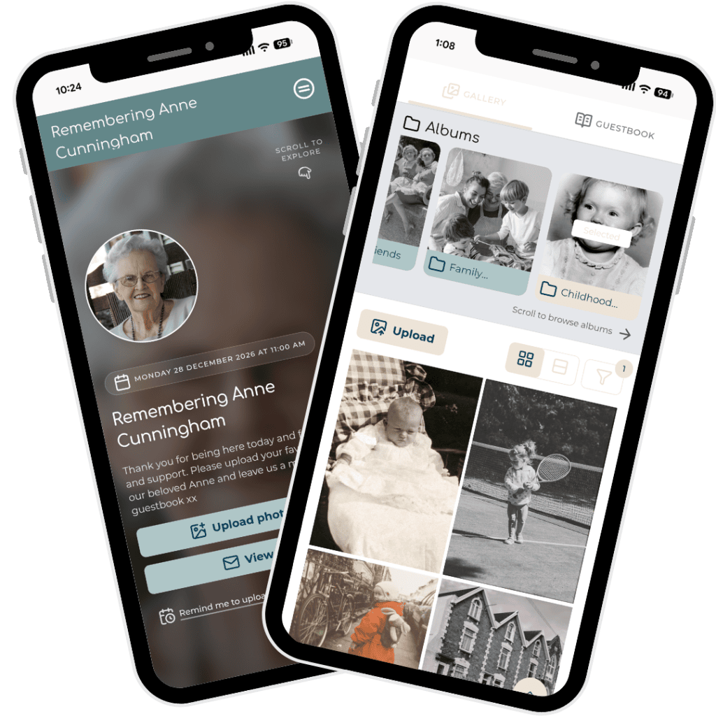 Memorial photo sharing app screen with tribute to Anne Cunningham.