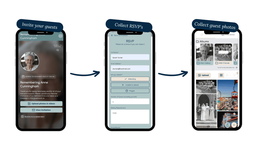 Memorial photo sharing app interface with guest invitation and photo collection features.