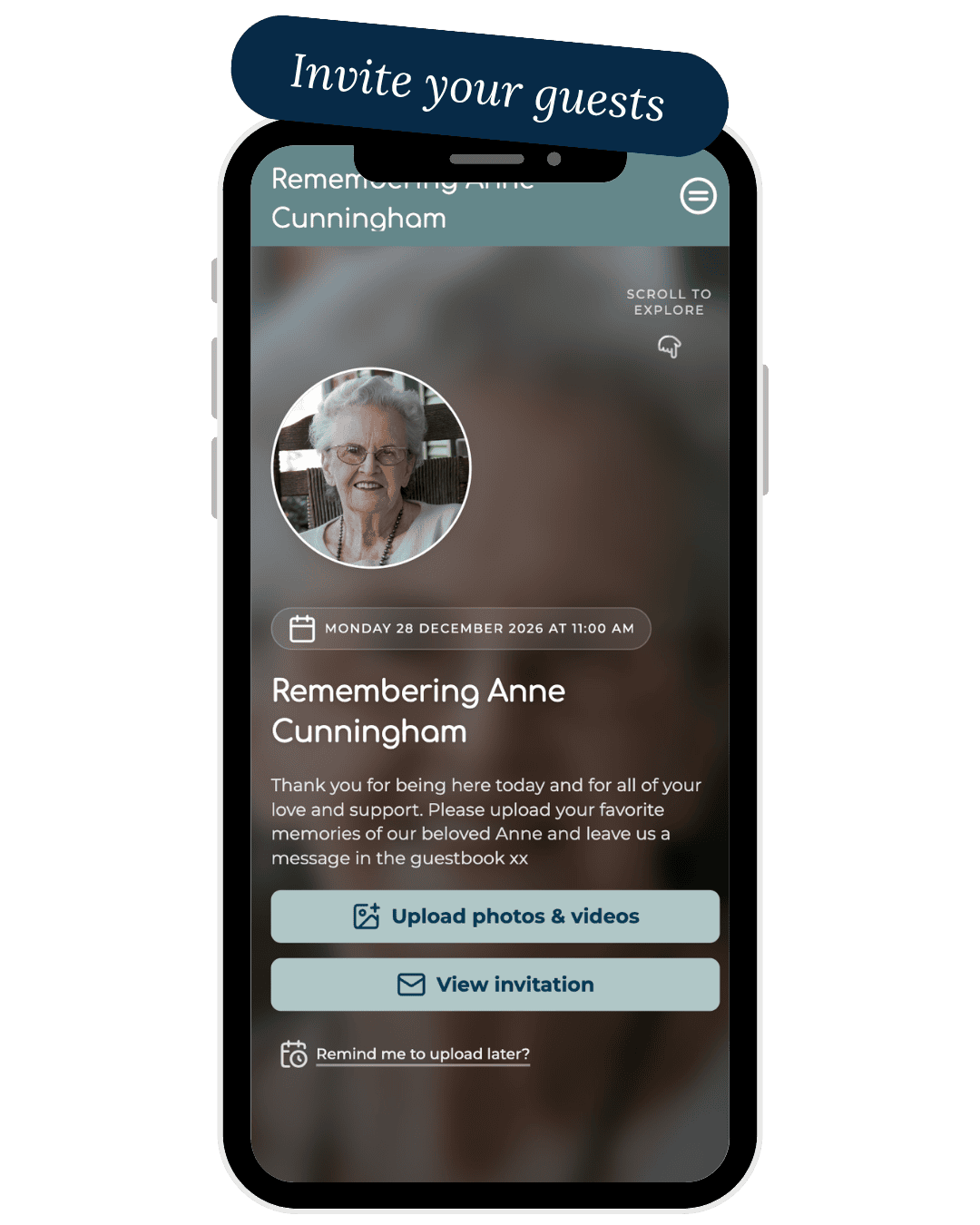 Memorial app screen showing guest invitation and remembrance message.
