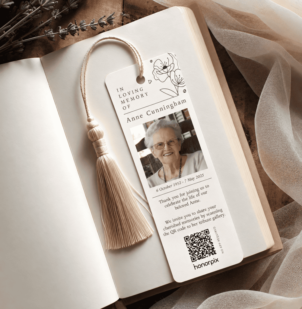 Memorial photo sharing bookmark with a photo of Anne Cunningham and a QR code.