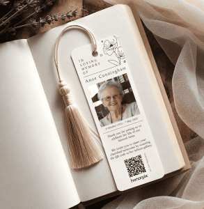 Memorial photo sharing bookmark with a photo of Anne Cunningham and a QR code.