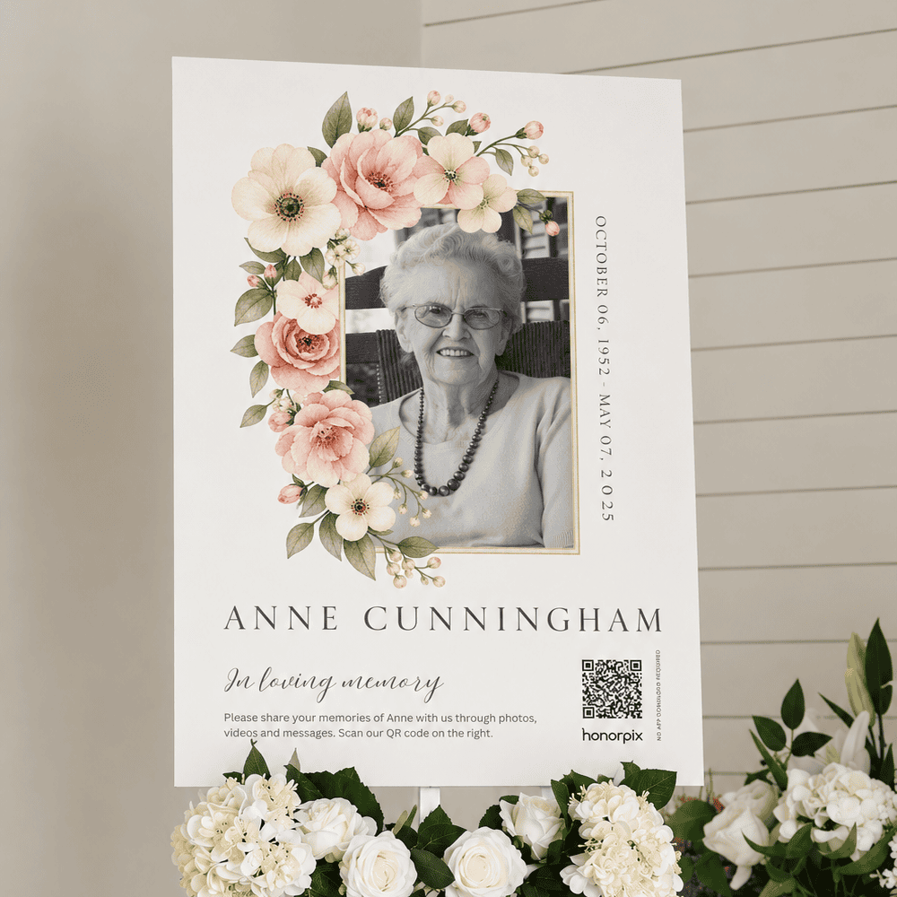 Memorial tribute for Anne Cunningham with floral design and QR code.