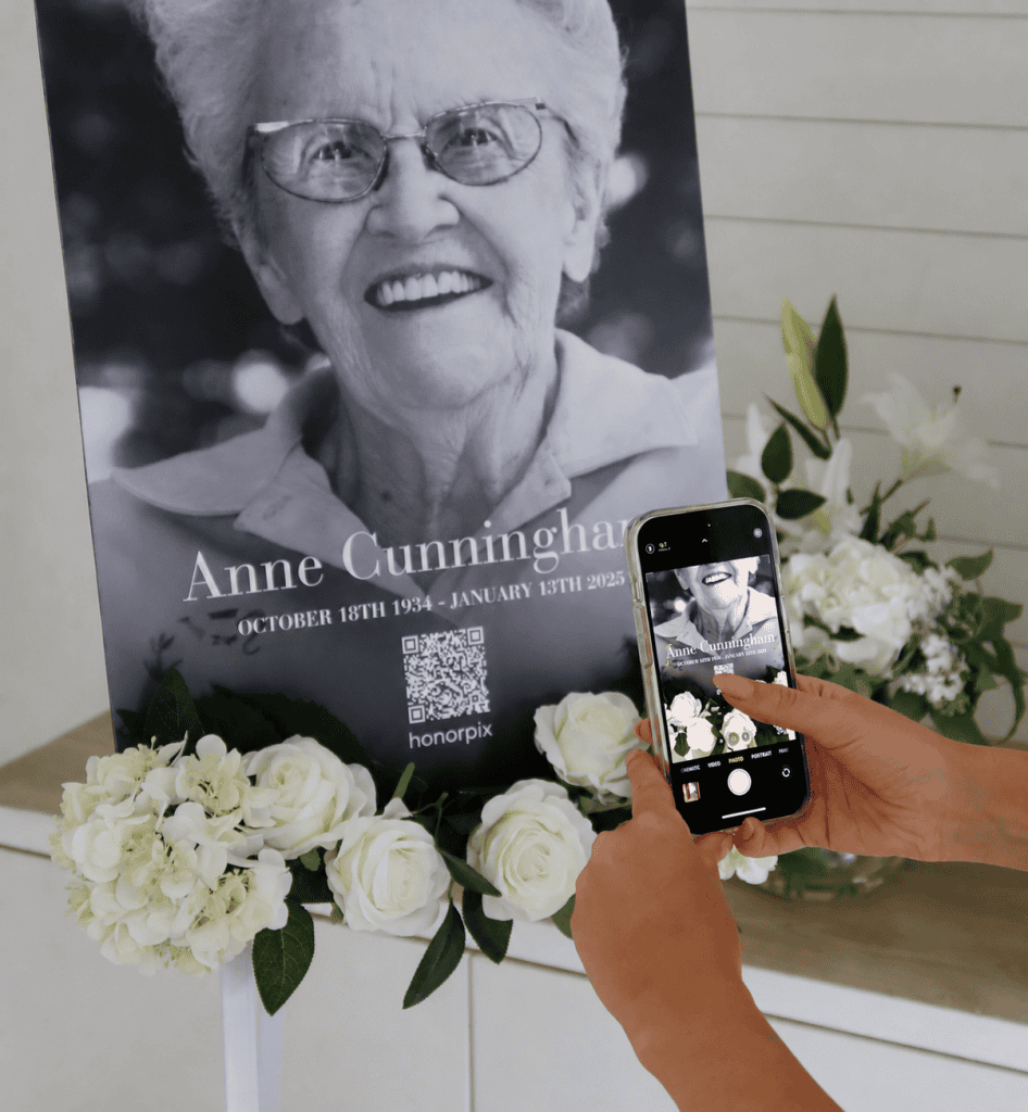 Memorial photo sharing with a QR code tribute for Anne Cunningham.