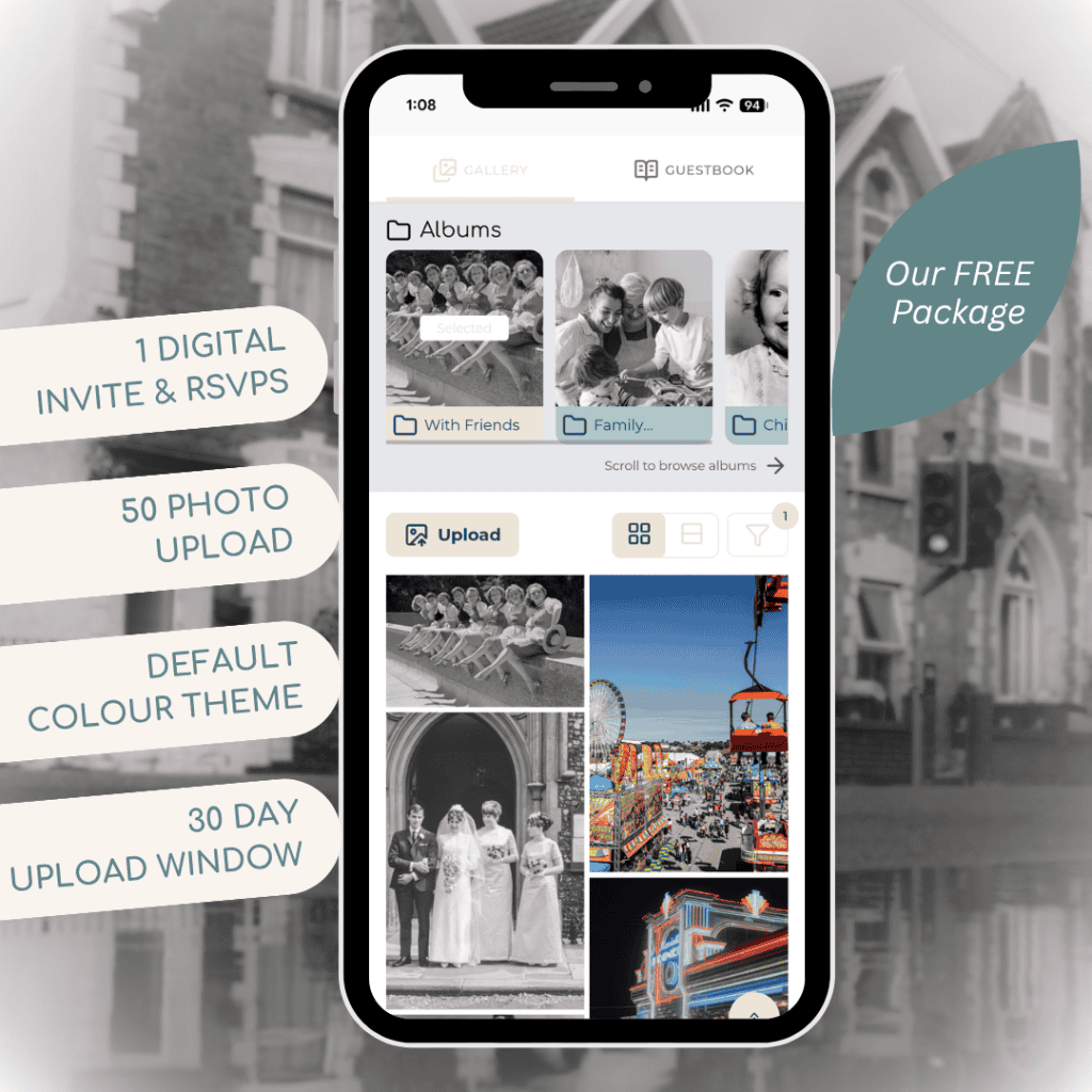 Smartphone displaying digital memorial photo sharing app with album thumbnails.