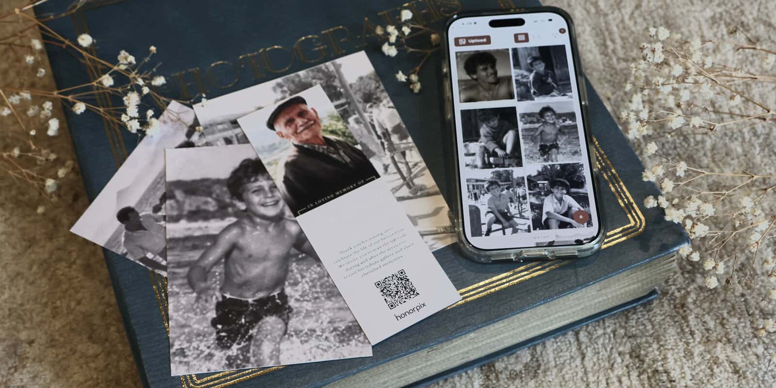 Memorial photos and QR code tribute on a memorial website for remembrance.