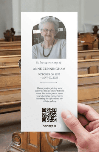 Memorial card for Anne Cunningham with QR code and photo.