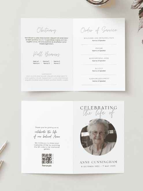 Memorial program and tribute card for Anne Cunningham at a funeral service.