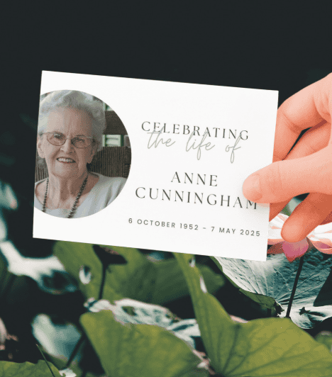 Memorial card for Anne Cunningham with photo and dates of birth and death.