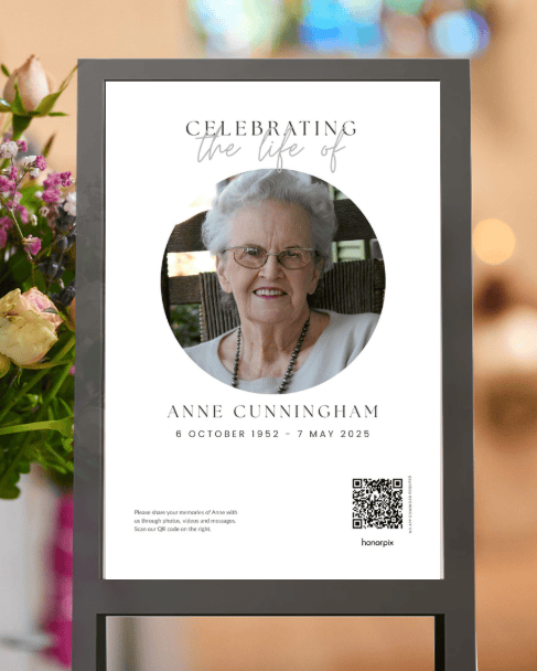 Memorial tribute card for Anne Cunningham with photo and QR code.