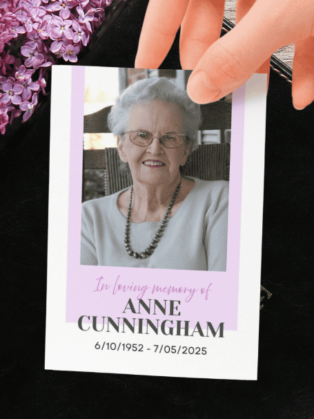 Memorial photo of Anne Cunningham with her birth and death dates.