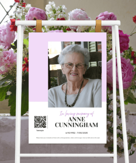 Memorial tribute card for Anne Cunningham with photo and QR code.