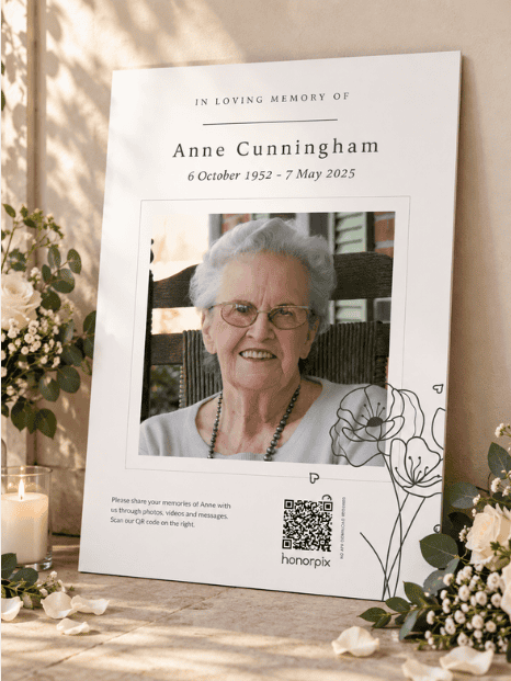 Memorial photo sharing for Anne Cunningham with QR code tribute.