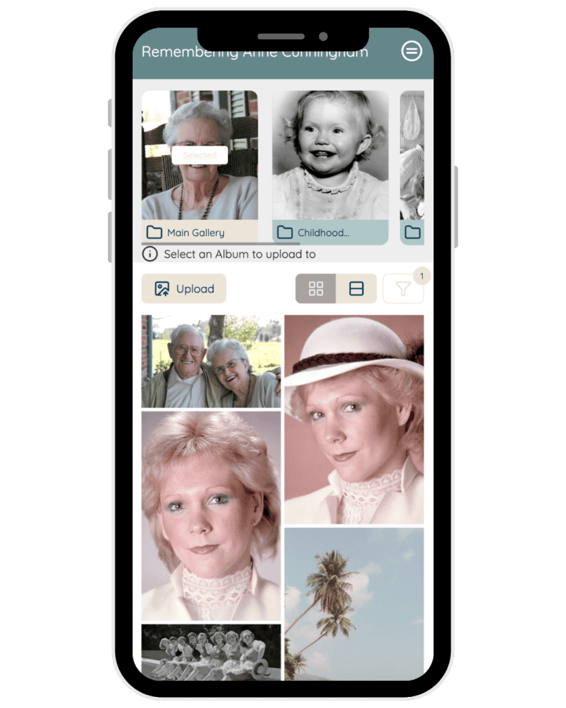 Memorial photo sharing app displaying photos of Annie Cunningham and a palm tree.