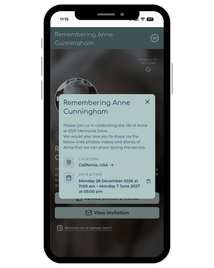Memorial app screen showing a tribute to Anne Cunningham with event details.