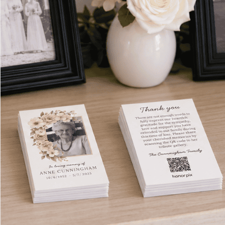 Memorial photo sharing and tribute cards for Anne Cunningham at a funeral service.