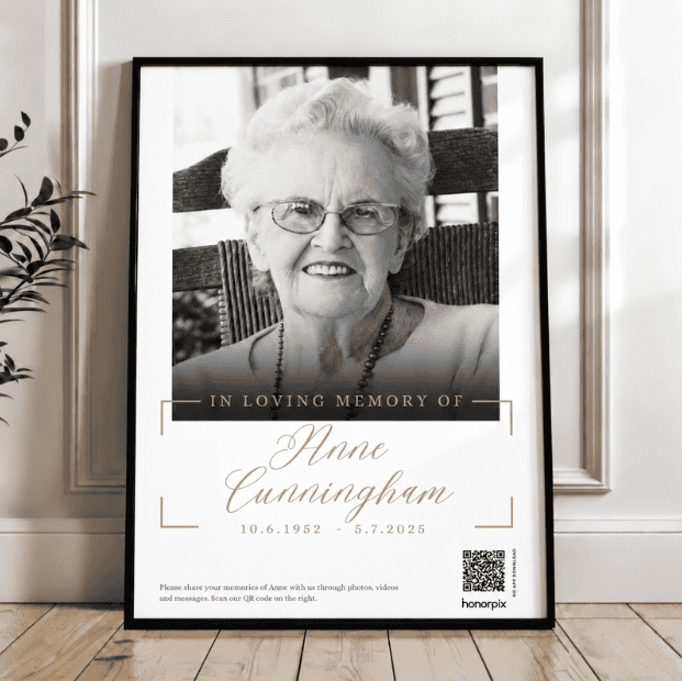 Memorial poster for Anne Cunningham with QR code and tribute message.
