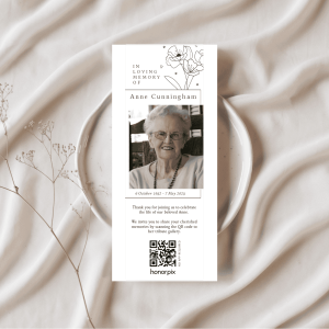 Memorial bookmark with photo and QR code for remembrance tribute.